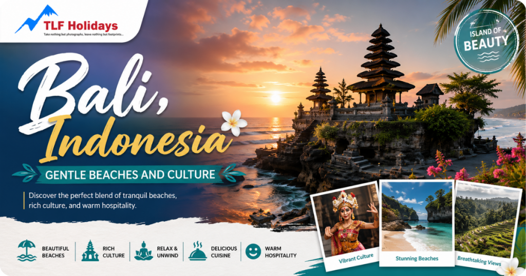 Bali Indonesia sunset temple beach view travel poster with culture highlights