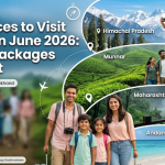 Best places to visit in India in June 2026 featuring family travel destinations like Himachal Pradesh, Munnar, Maharashtra waterfalls, and Andaman Islands