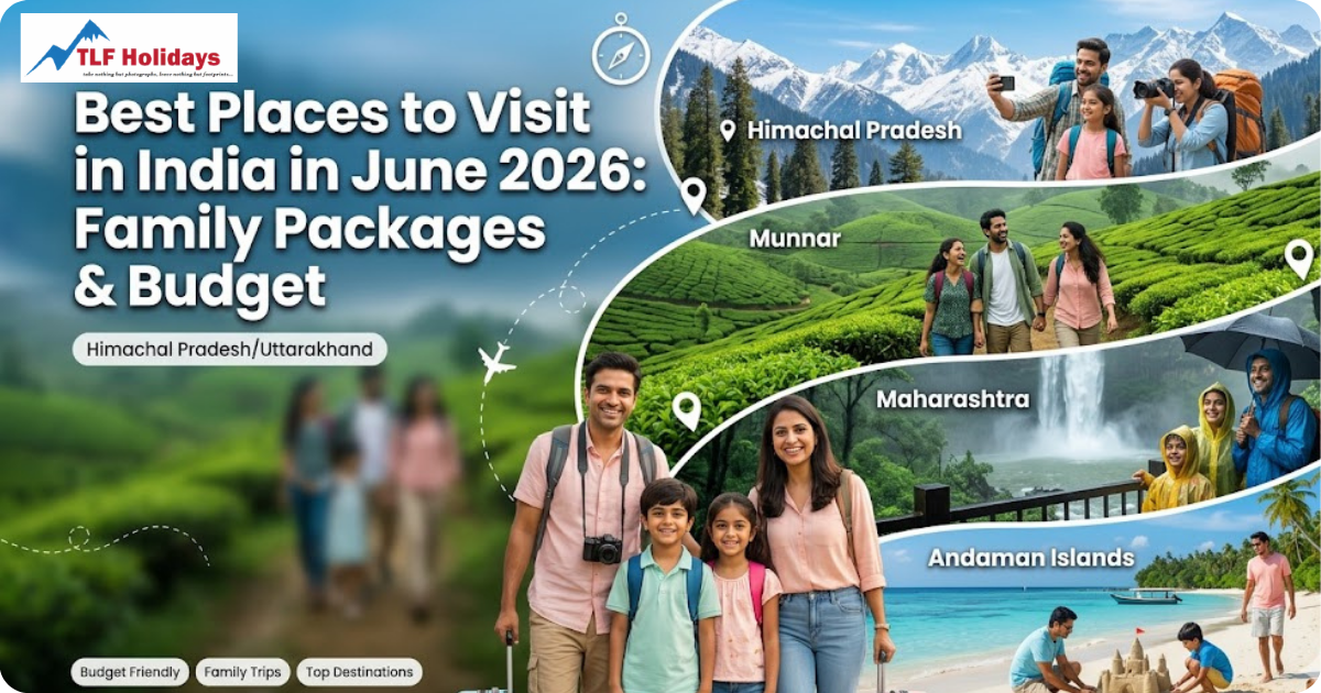 Best places to visit in India in June 2026 featuring family travel destinations like Himachal Pradesh, Munnar, Maharashtra waterfalls, and Andaman Islands