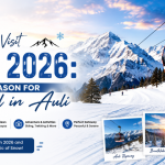 Best time to visit Auli in 2026 featuring snowy Himalayan mountains, skiing adventures, Auli ropeway, and winter snowfall landscapes in Uttarakhand.