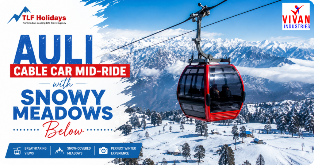 Auli cable car mid-ride above snowy meadows featuring panoramic Himalayan mountain views and winter landscapes in Auli, Uttarakhand.