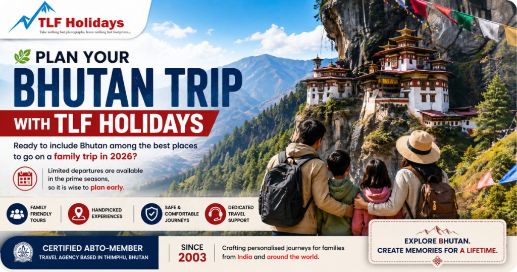 Family enjoying a Bhutan vacation near the Tiger’s Nest Monastery with Himalayan mountain scenery and cultural travel experience.