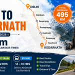 Delhi to Kedarnath distance map 2026 showing 495 km travel route with car, train, and bus travel times