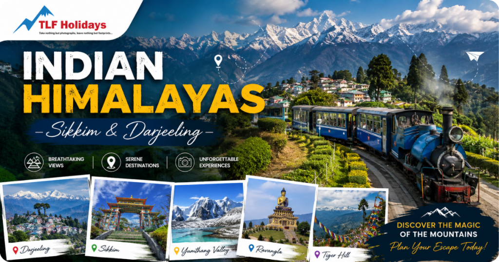 Indian Himalayas travel banner featuring Darjeeling toy train, snowy mountain views, Sikkim monasteries, and popular tourist destinations.