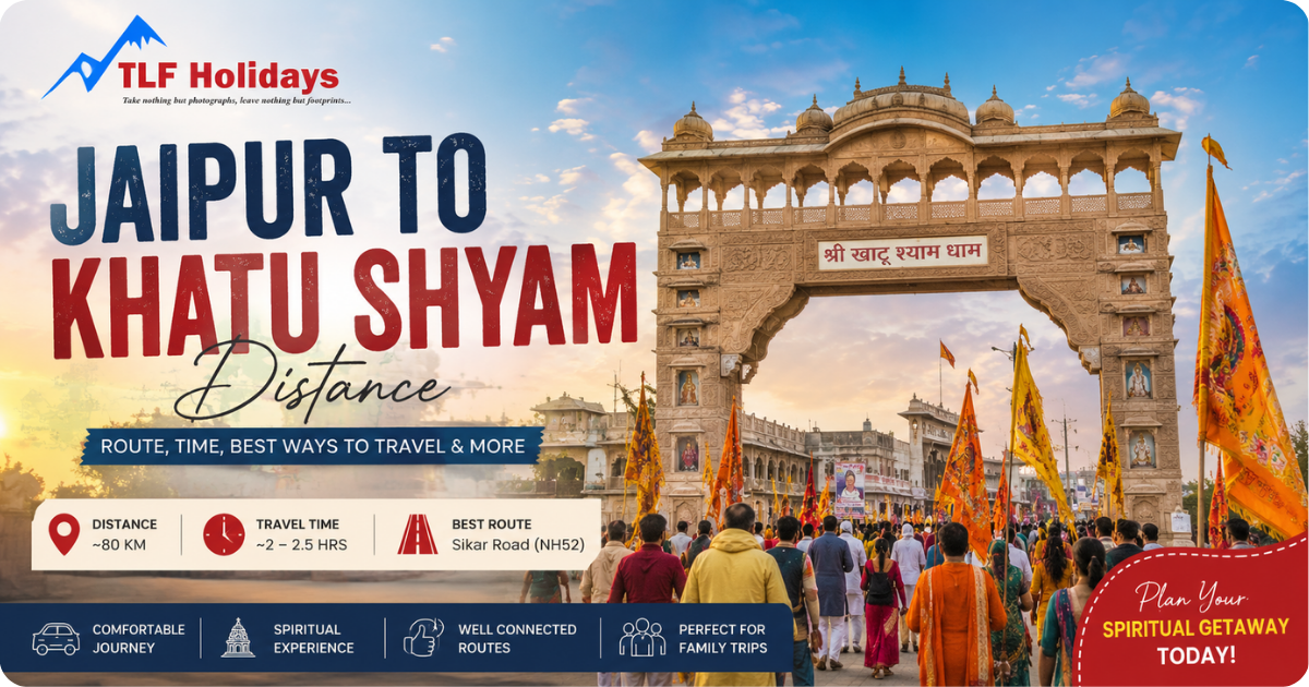 Jaipur to Khatu Shyam distance guide with Khatu Shyam temple entrance and pilgrims traveling in Rajasthan