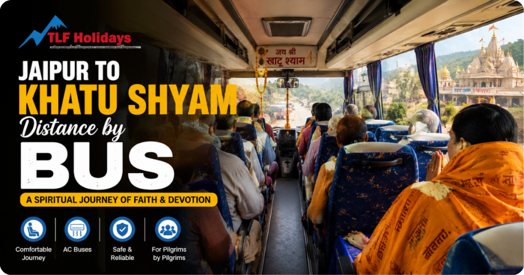 Passengers traveling on a Jaipur to Khatu Shyam bus journey with a view of the temple route and spiritual travel atmosphere.