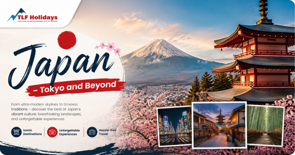 Japan Tokyo and beyond travel poster with Mount Fuji cherry blossoms and traditional pagoda
