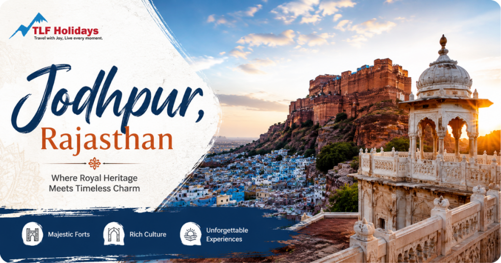 Jodhpur Rajasthan travel poster featuring Mehrangarh Fort and Blue City view at sunset