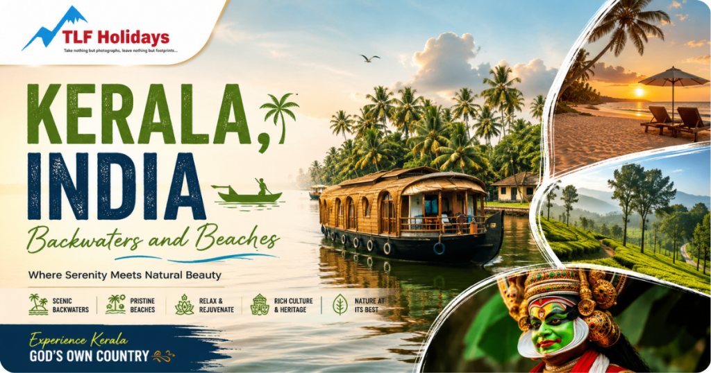 Kerala India backwaters houseboat and beach sunset travel poster