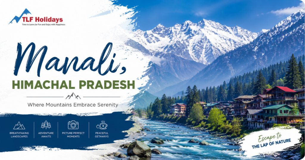 Manali Himachal Pradesh travel poster featuring snow mountains river valley and scenic town view