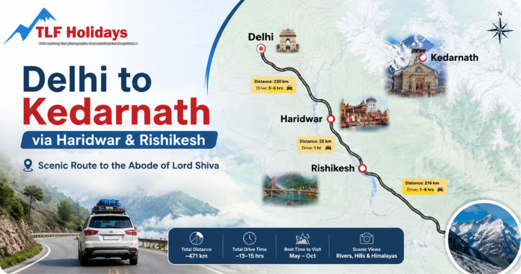 Delhi to Kedarnath distance route map via Haridwar and Rishikesh