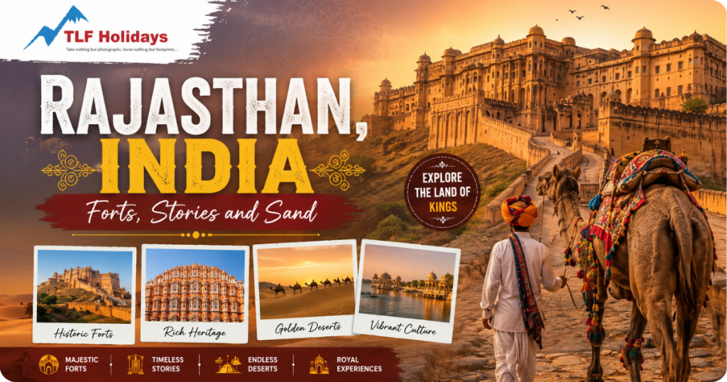 Rajasthan travel banner featuring Amber Fort, camel ride, desert landscapes, and royal heritage attractions in India.
