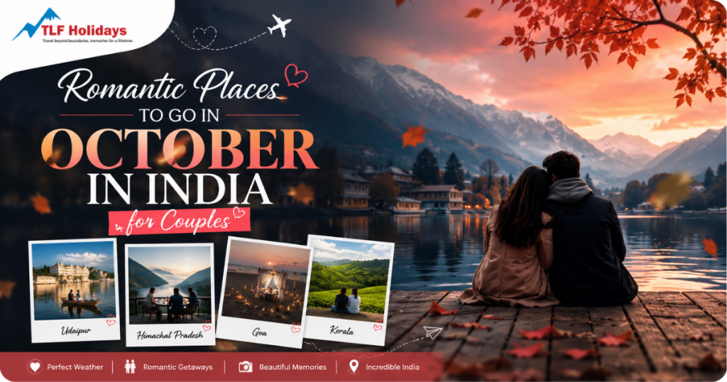 Romantic places to visit in October in India for couples featuring scenic lakes, mountains, sunset views, and romantic travel destinations like Udaipur, Goa, Kerala, and Himachal Pradesh.