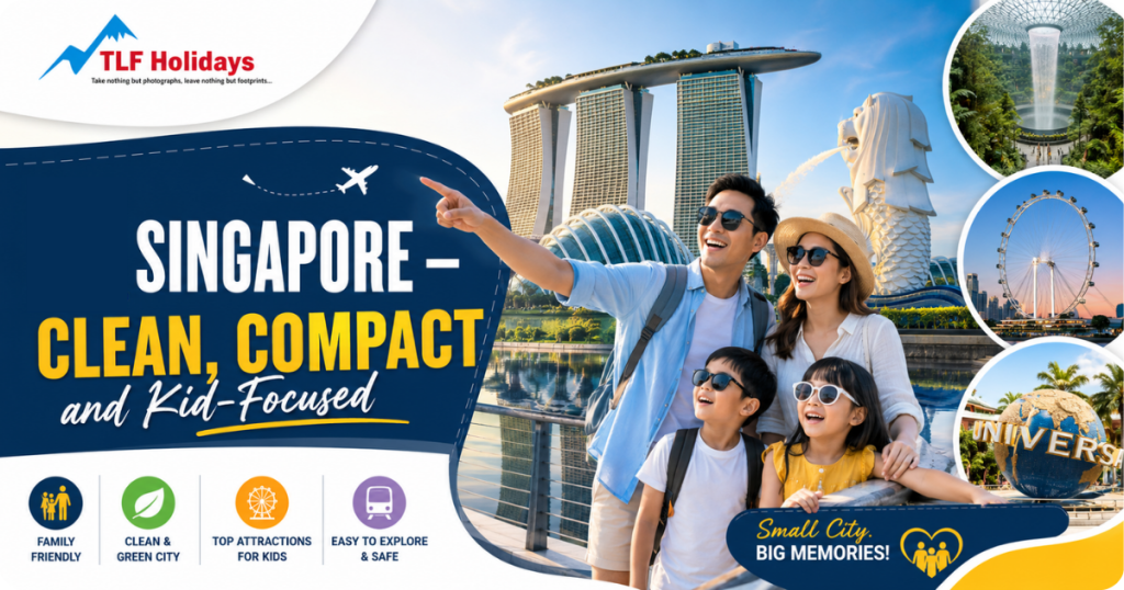 Singapore clean compact city family travel poster with Marina Bay Sands and Merlion