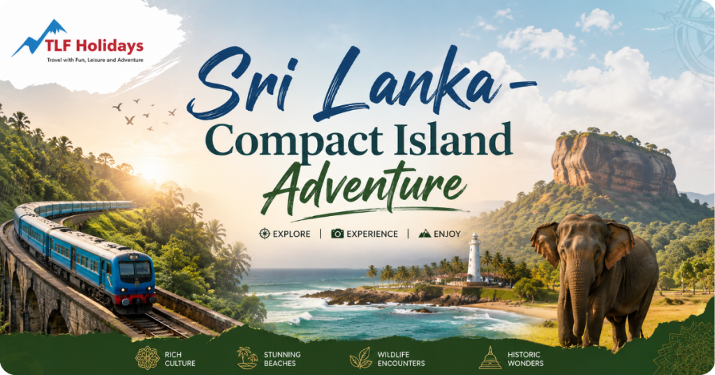 Sri Lanka compact island adventure travel poster with scenic train beach lighthouse and elephant