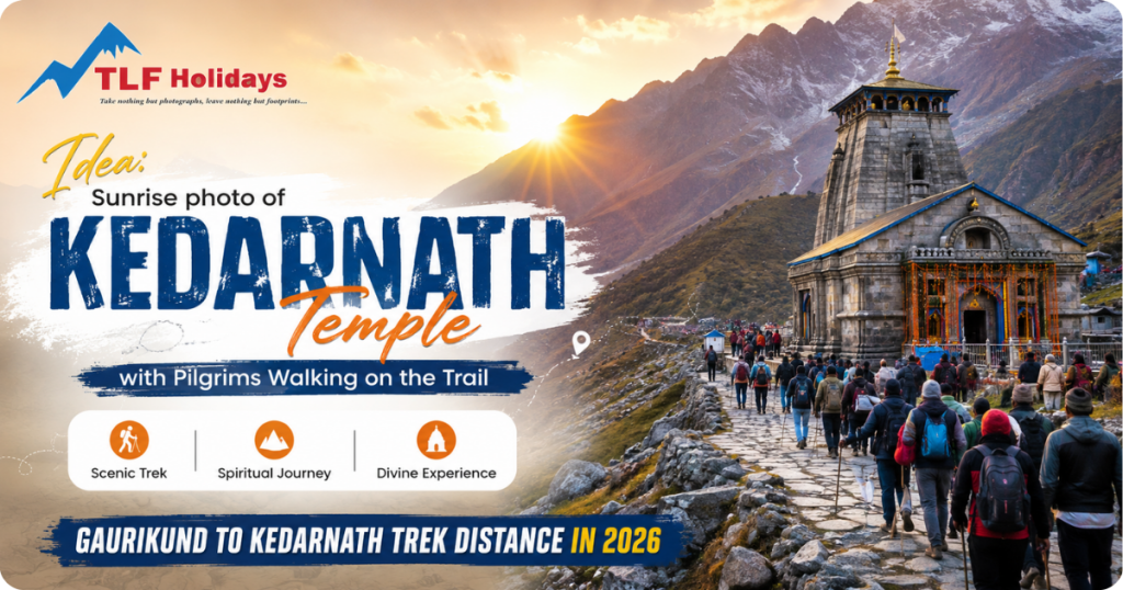 Sunrise photo of Kedarnath temple with pilgrims walking on the trail