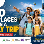Family trip destinations collage featuring mountains, beaches, heritage sites, and a happy family traveling together for vacation planning inspiration.