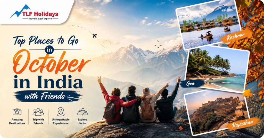Top places to visit in India in October with friends including Kashmir, Goa, and Rajasthan scenic travel destinations